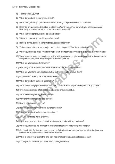 Image result for Mock Interview Printable Worksheets
