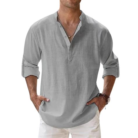 Men's Linen Shirt Classic Long Sleeve Cotton Shirt Gift for Him Henley ...