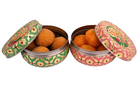 Handcrafted Meenakari Steel Ladoo box | pink-green (small) – JashnBazaar