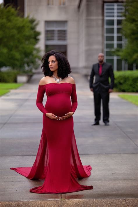 Maroon-Red Off-Shoulder Maternity Trail Gown – ShObO