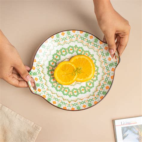 Mandala Round Ceramic Platter With Handle Green Online - Premium ...