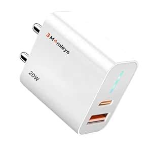 3 Monkeys 20W Dual Port USB Wall Charger with Type C (PD) and USB ...