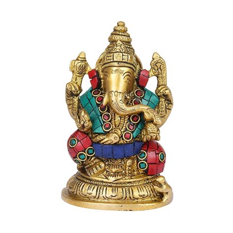 Brass Ganesha Statue 5 Inch Multicolor Stone Work for Pooja & Decor ...