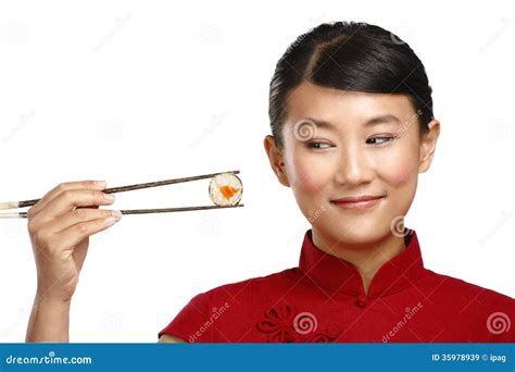 Chinese Woman Showing Asian Food Using Chopstick Stock Image - Image of ...