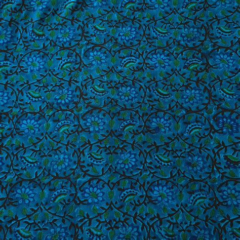 Pure Cotton Doby Dabu Blue With Green, Black Small Flower Jaal Hand Bl ...