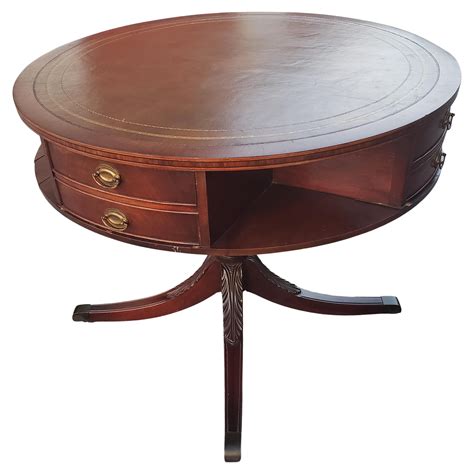Banded Leather Stenciled Top Double Drum 4-drawer Mahogany Center Table ...