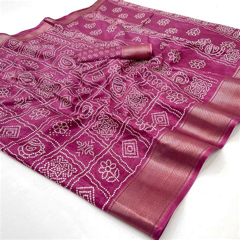 Dark Magenta Bandhani Printed Dola Silk Saree With Woven Border