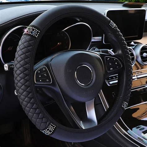 Universal Car Steering Wheel Cover 37-38cm Leather Embroidered Color Diamond-Studded Elastic ...