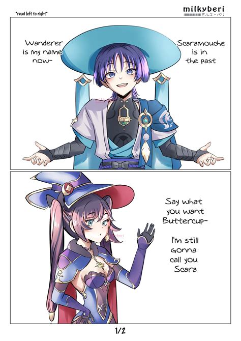 mona, scaramouche, and wanderer (genshin impact) drawn by milky_beri15 ...