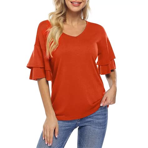 Women's Ruffle Tunic Top Casual V Neck Shirt Bell Half Sleeve Pullover ...