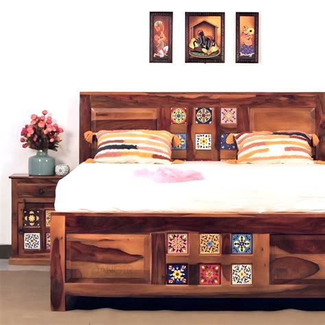 Tiles Plane Solid Wood Storage Bed: King Size Double Bed