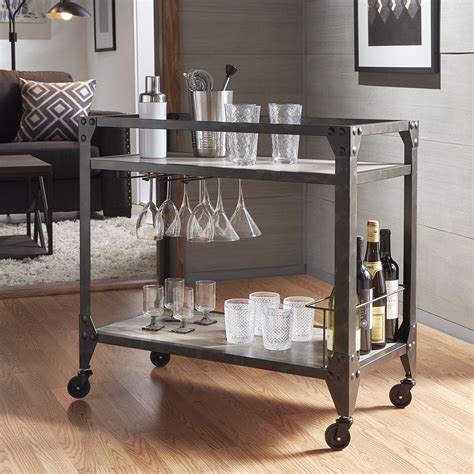 Inspire Q Metropolitan Charcoal Grey Industrial Mobile Bar Cart with ...