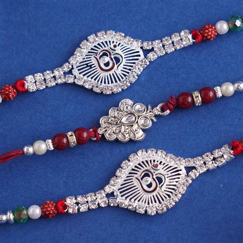 Send Exclusive set of 3 silver-plated Rakhi Online | Rakhibazaar.com