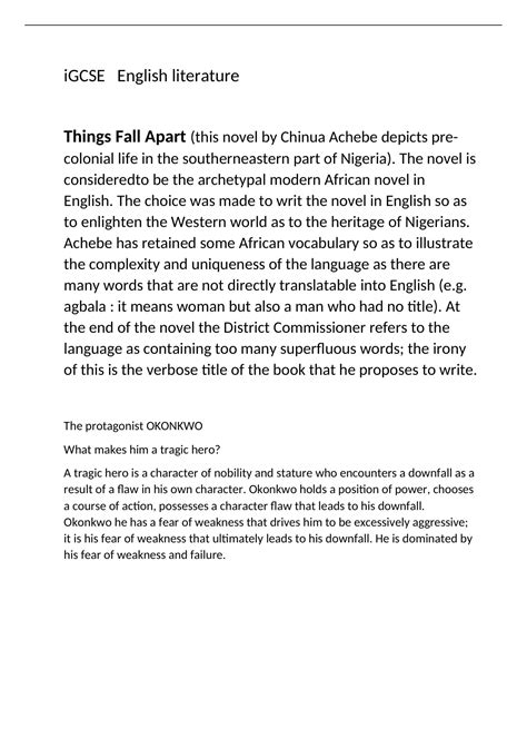 Revision Notes on the character Okonkwo "Things Fall Apart" GCSE ENGLISH LITERATURE - English ...