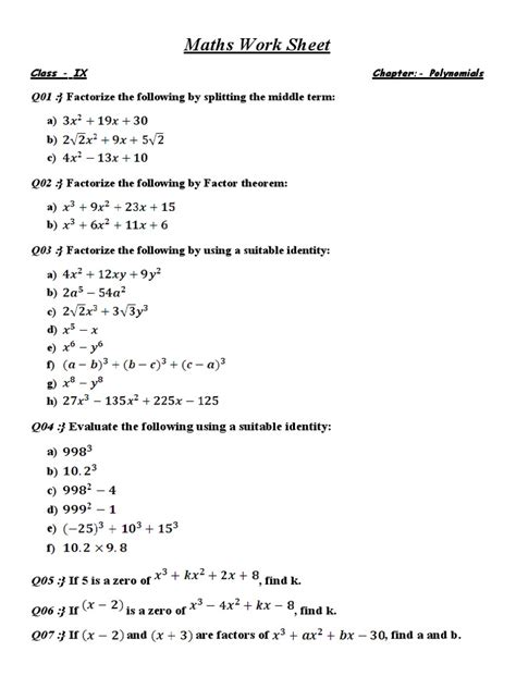 Image result for Maths Problems Polynomials Class 9 Worksheet