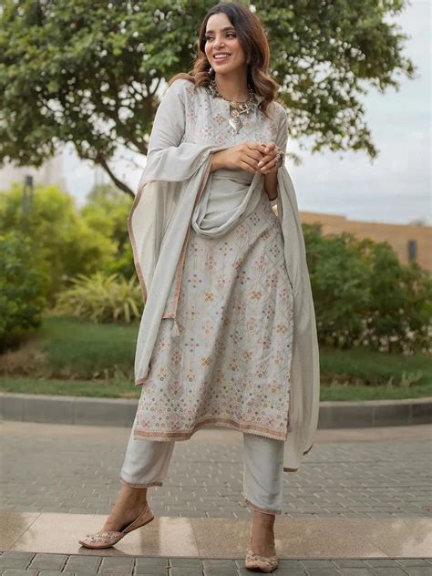 Buy Grey Woven Design Silk Straight Kurta With Dupatta Online at Rs ...