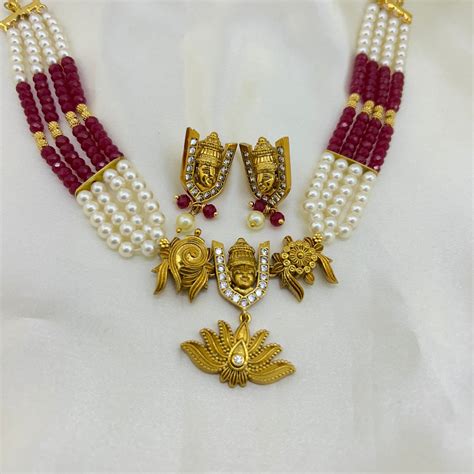 Balaji choker - Pearl and Lab grown ruby beads with earrings ...