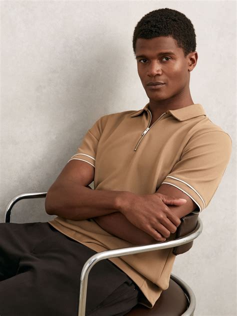 Buy Reiss Camel Zain Textured Half-Zip Tipped Polo Shirt from Next India