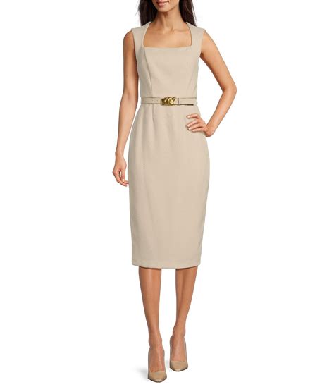 Donna Karan Tweed Square Neck Sleeveless Belted Sheath Midi Dress ...