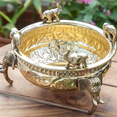 Pure Brass Embossed Design Urli with Elephant Statue - Antique Brasswa ...