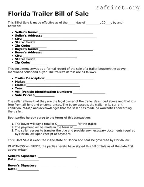 Free Florida Trailer Bill of Sale PDF Template ≡ SafeInet
