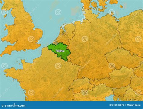 Belgium Map Showing Country Highlighted in Green Color with Rest of European Countries in Brown ...