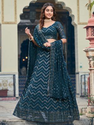 Buy Pink Ethnic Teal Georgette Semi-Stitched Lehenga and Unstitched ...