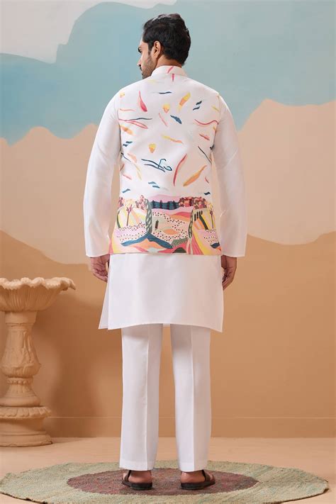 White Function Wear Readymade Men Stylish Kurta Pyjama With Jacket ...
