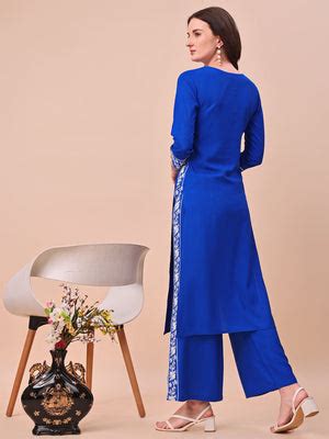 Royal Blue Rayon With White Thread Embroidered Neckline & Panelled Kur