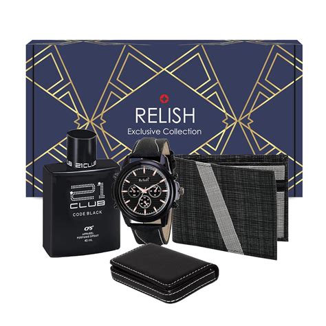 Buy Relish Gift Combo Box of Men's Black Analog Leather Strap Watch ...
