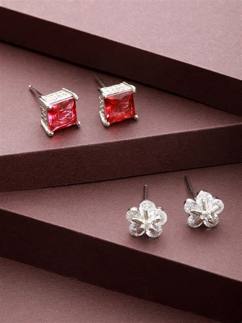 Priyaasi Red Floral Block American Diamond Silver-Plated Stud Earrings