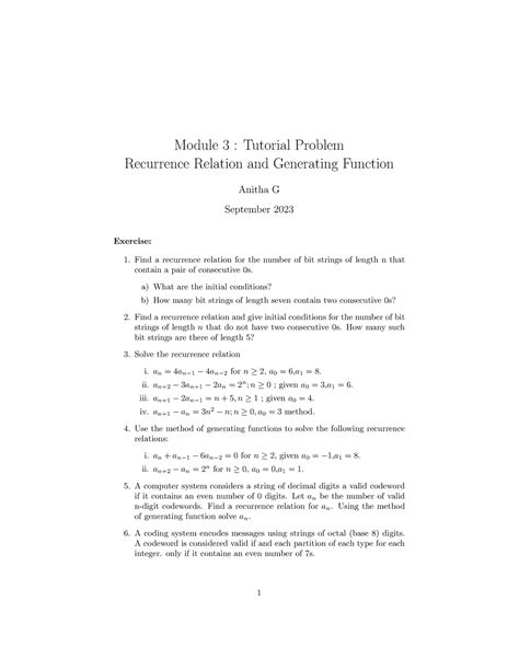 RR EX - Module 3 : Tutorial Problem Recurrence Relation and Generating ...
