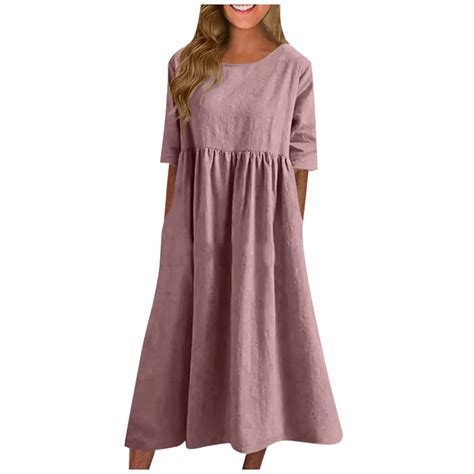SnnmBlm Women's Half Sleeve Linen Maxi Dresses Casual Loose Plus Size ...