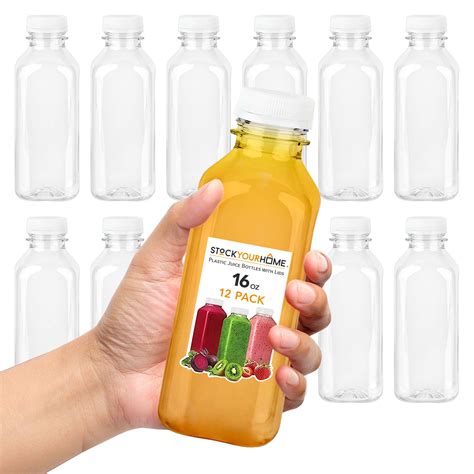 16oz Reusable Plastic Juice Bottles with Caps, Clear Drink Containers ...