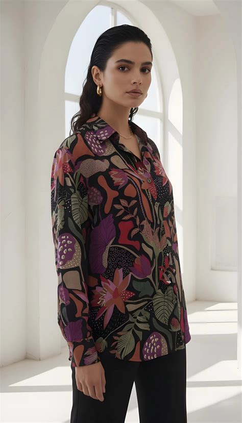 Buy Multicolour Black Base Botanical Print Crepe Shirt | Kaftanize