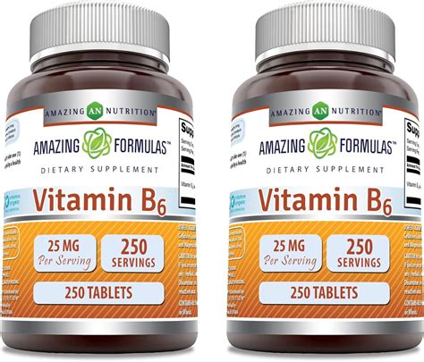 Amazing Formulas Vitamin B6 25 mg 250 Tablets Supplement | Pack of 2 | Non- GMO| Made in USA ...
