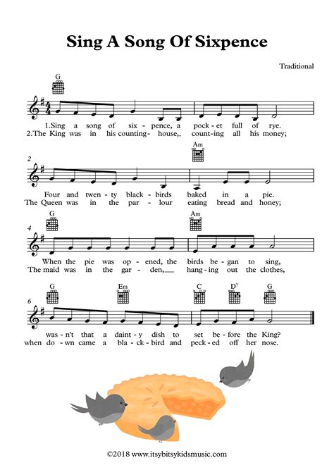 Sing A Song Of Sixpence Sheet Music With Chords And Lyrics | Itsy Bitsy ...