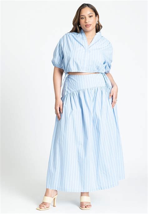 Striped Poplin Skirt with Yoke - Cotton Midi, Blue White Stripe | Eloquii