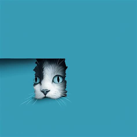 Peeking puss frightened cat peeks out from behind a corner on a blue ...