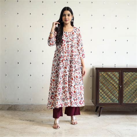 Multicolor Block Print Cotton A-Line Sanganeri Kurta for Women