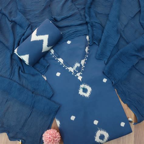 Aafreen Cerulean Blue Hanging Detailing Work V Neck Ikkat Print Cotton ...