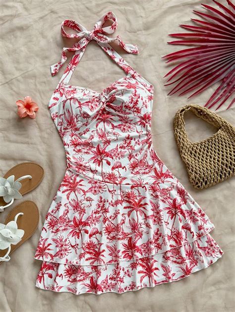 Soleia Women's V-Neck Mini Dress, Blue & White Floral Palm Tree Beach ...