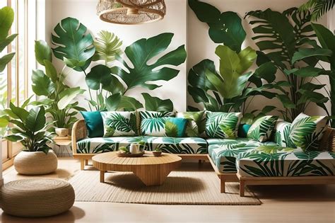 A mockup of a tropicalthemed living room with palm leaf patterns ...