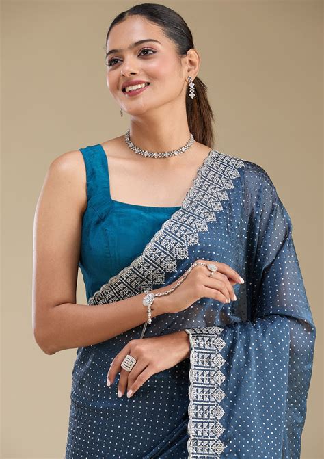 Buy Peacock Blue Zariwork Satin Saree - Koskii