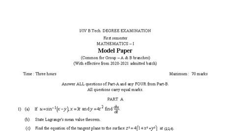 B.Tech. M-I 1st Sem Mathematics Model Paper QP 2020-2021 - Studocu