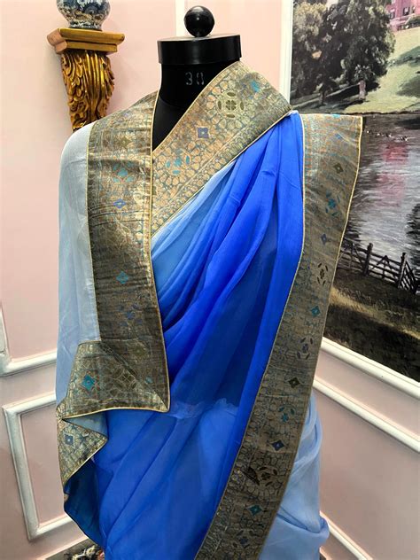 Blue ombre antique border saree – Atelier Shikaarbagh