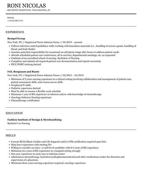 Registered Nurse Infusion Nurse Resume Samples | Velvet Jobs
