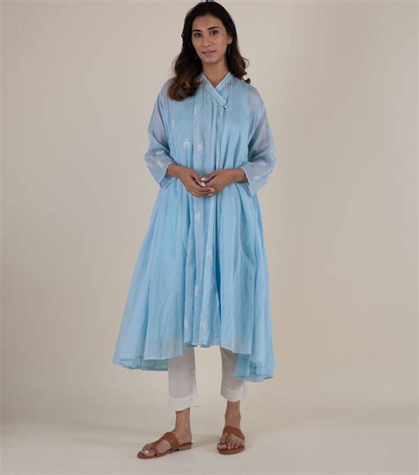 Blue embroidered cotton choga – Tulsi Online