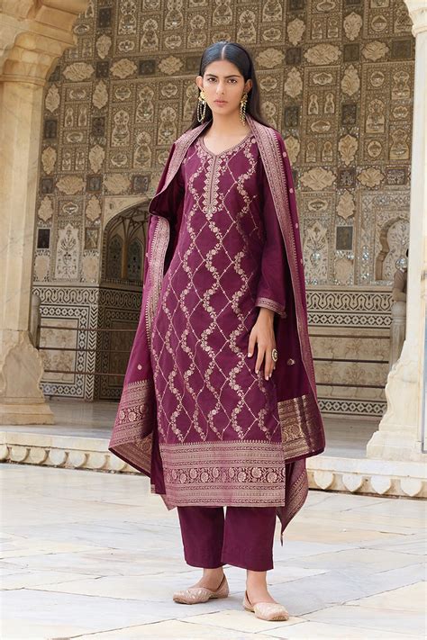 Burgundy Silk Blend Ethnic Motifs Woven Design Straight Suit Set PKSKD ...