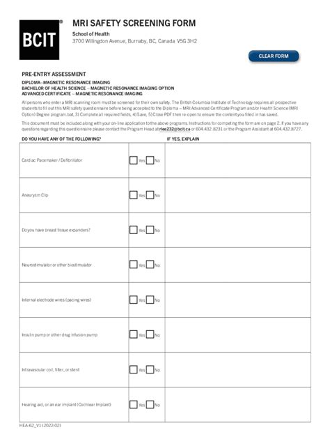 Canada BCIT MRI Safety Screening Form - Fill Online, Printable ...